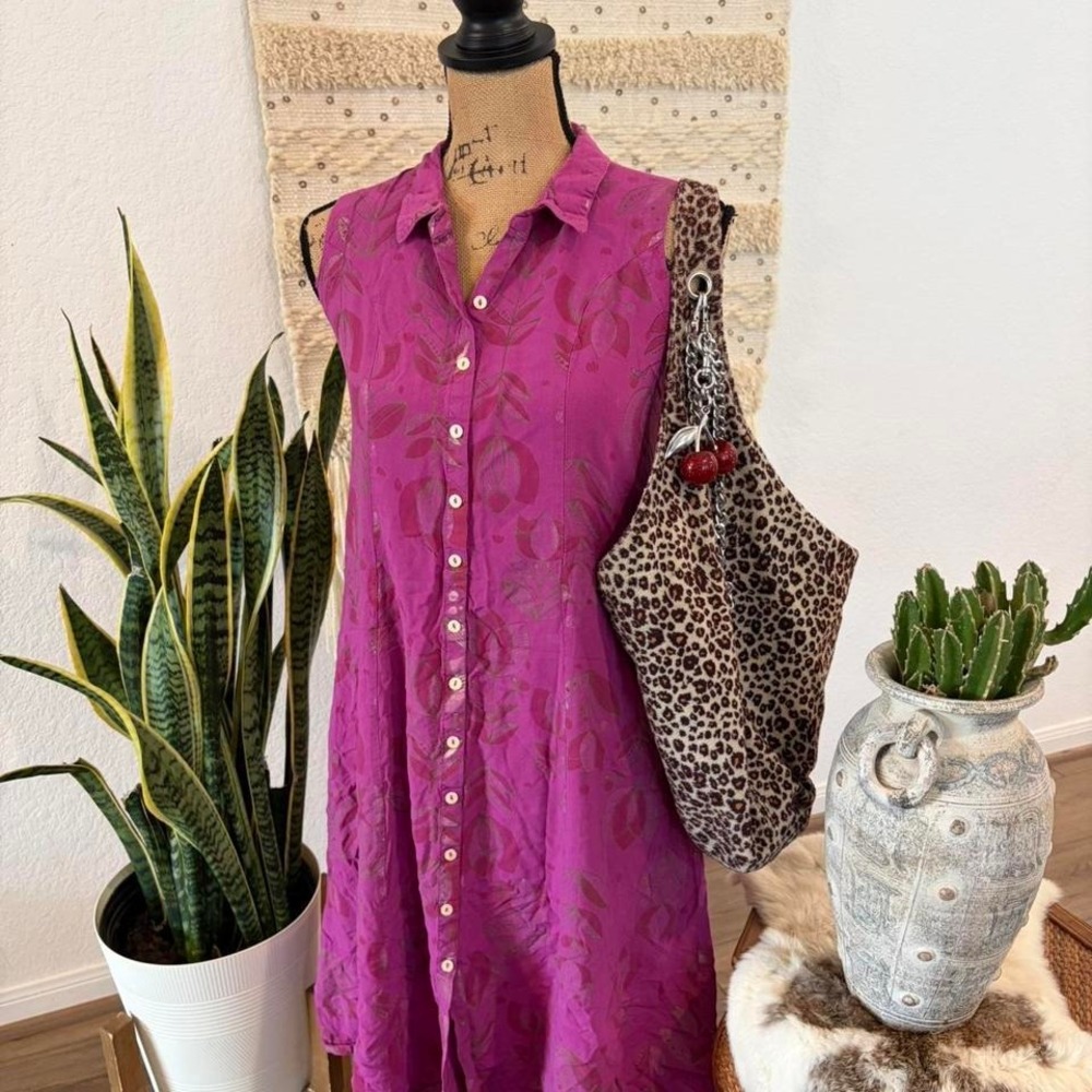 Vintage Fuchsia Purple floral tulip 🌷 button up dress with pockets lagenlook